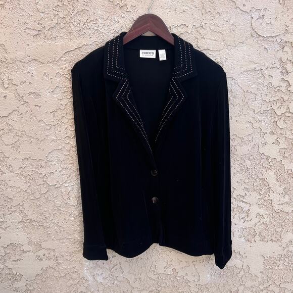 Chico’s Travellers Black Blazer Style Top Tan Stitching Size 1 Medium - Picture 1 of 4